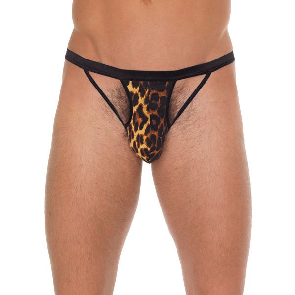 Mens Black GString With Black Straps To Animal Print Pouch